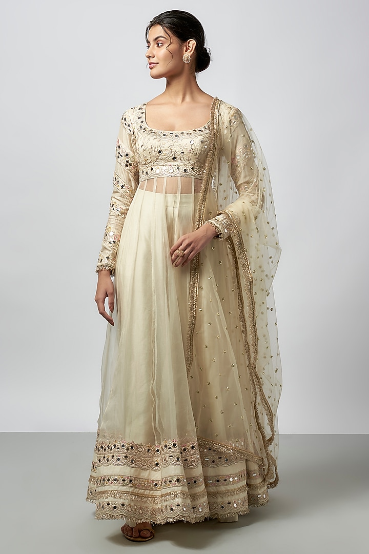 Ivory Tussar & Organza Mirror Embroidered Bridal Anarkali Set by GOPI VAID at Pernia's Pop Up Shop