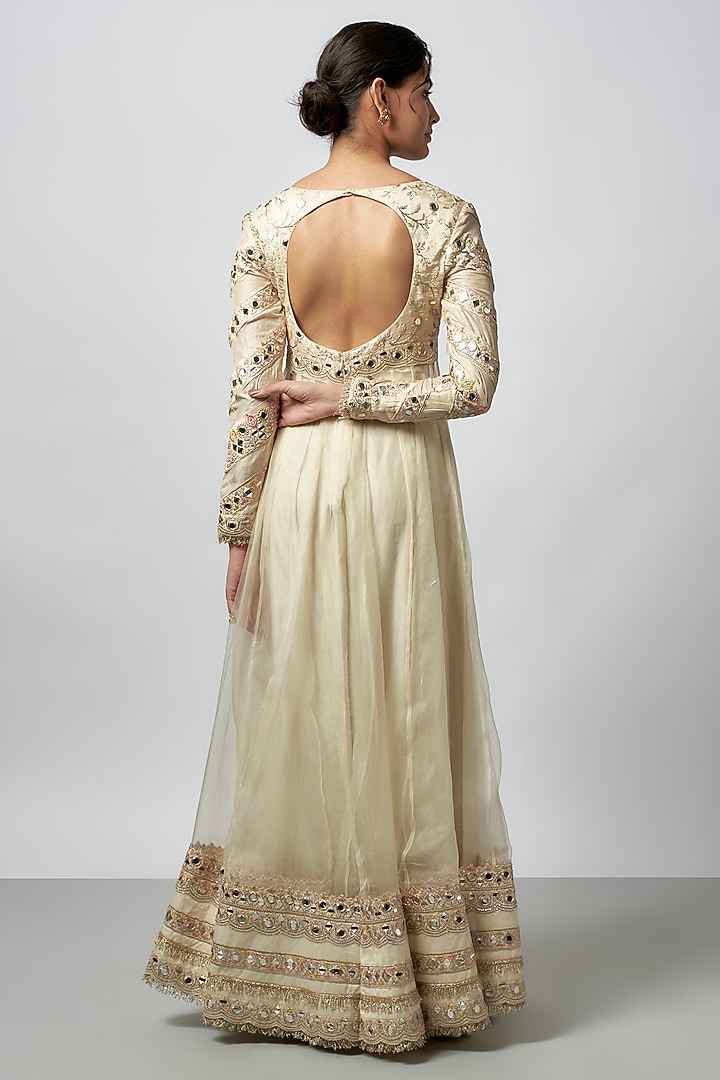 Ivory Tussar & Organza Mirror Embroidered Bridal Anarkali Set by GOPI VAID at Pernia's Pop Up Shop