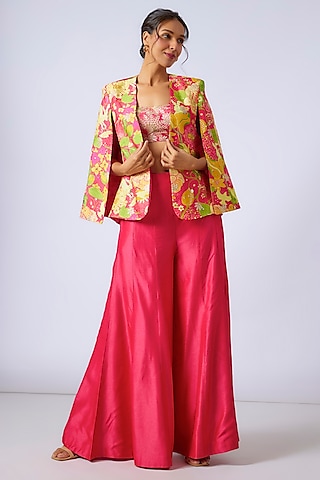 Pink Tussar Floral Printed Blazer Set by GOPI VAID
