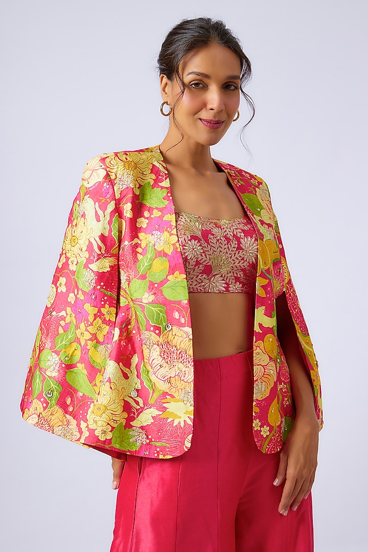 Pink Tussar Floral Printed Blazer Set by GOPI VAID at Pernia's Pop Up Shop