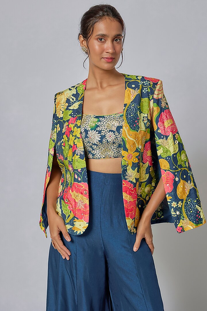 Blue Tussar Paneled Pant Set by GOPI VAID at Pernia's Pop Up Shop