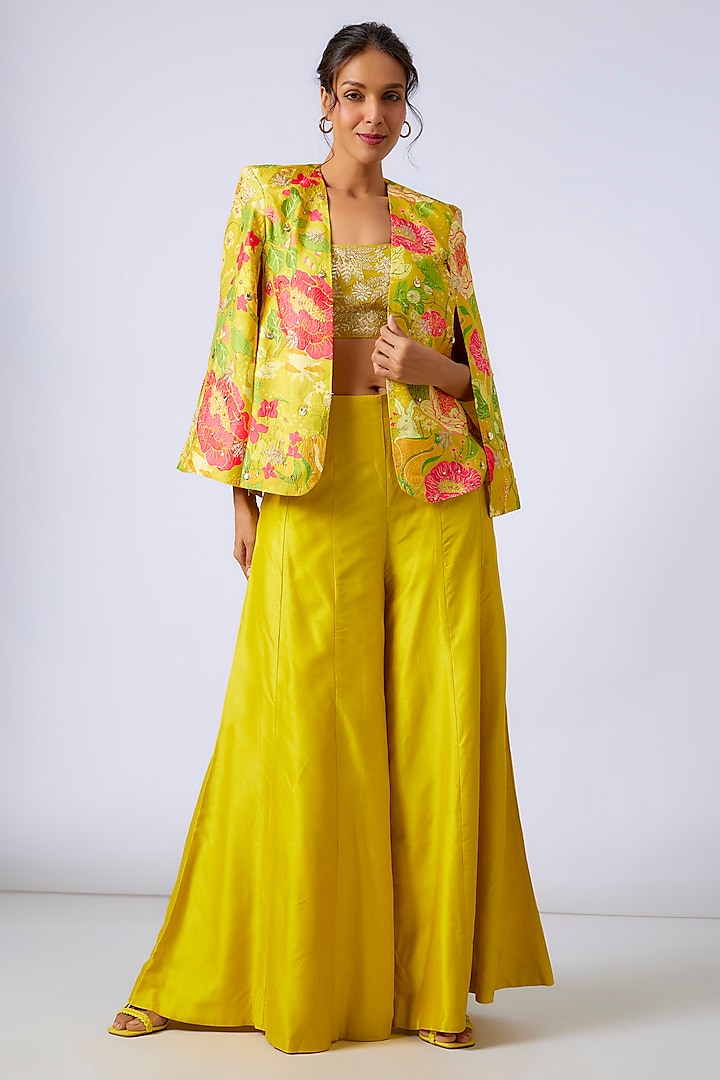 Yellow Tussar Floral Printed Blazer Set by GOPI VAID at Pernia's Pop Up Shop