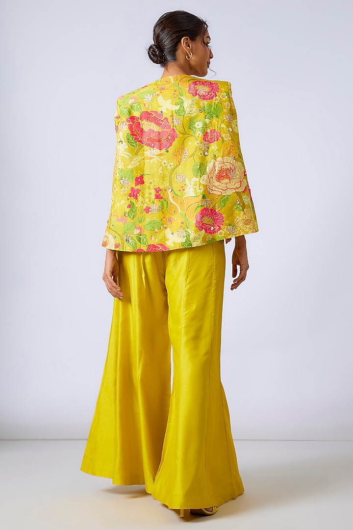 Yellow Tussar Floral Printed Blazer Set by GOPI VAID at Pernia's Pop Up Shop