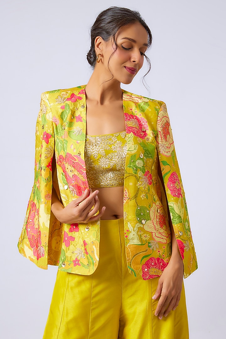 Yellow Tussar Floral Printed Blazer Set by GOPI VAID at Pernia's Pop Up Shop