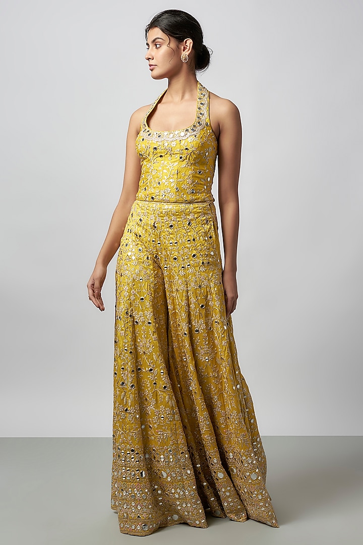 Yellow Tussar Embroidered Pant Set by GOPI VAID at Pernia's Pop Up Shop