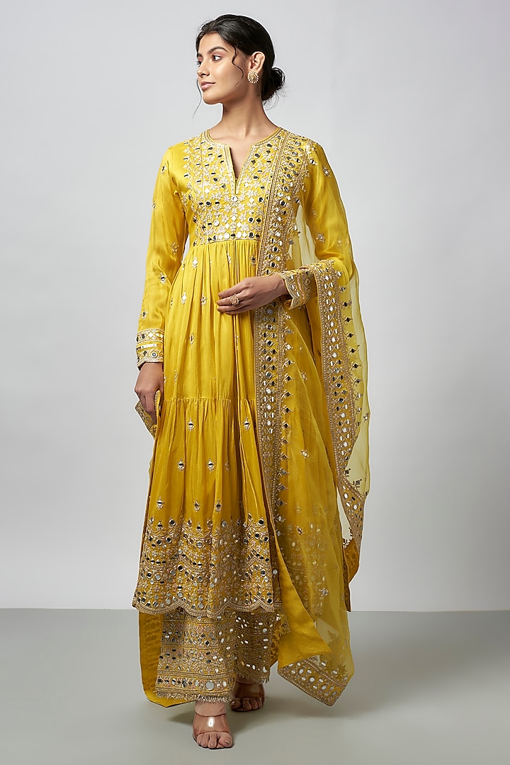 Yellow Tussar Mirror Work Wedding Anarkali Set by GOPI VAID at Pernia's Pop Up Shop