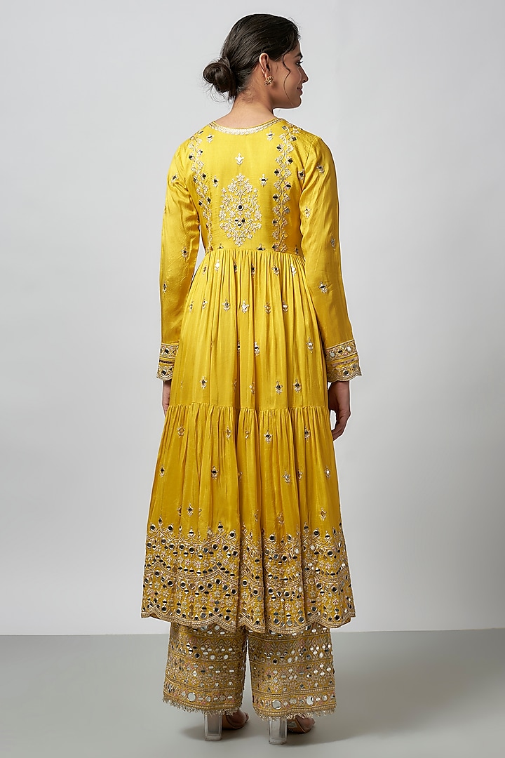 Yellow Tussar Mirror Work Wedding Anarkali Set by GOPI VAID at Pernia's Pop Up Shop