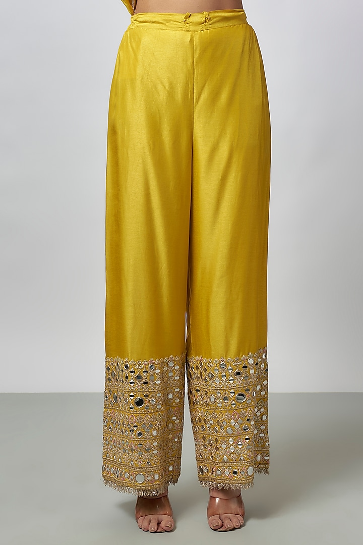 Yellow Tussar Mirror Work Wedding Anarkali Set by GOPI VAID at Pernia's Pop Up Shop