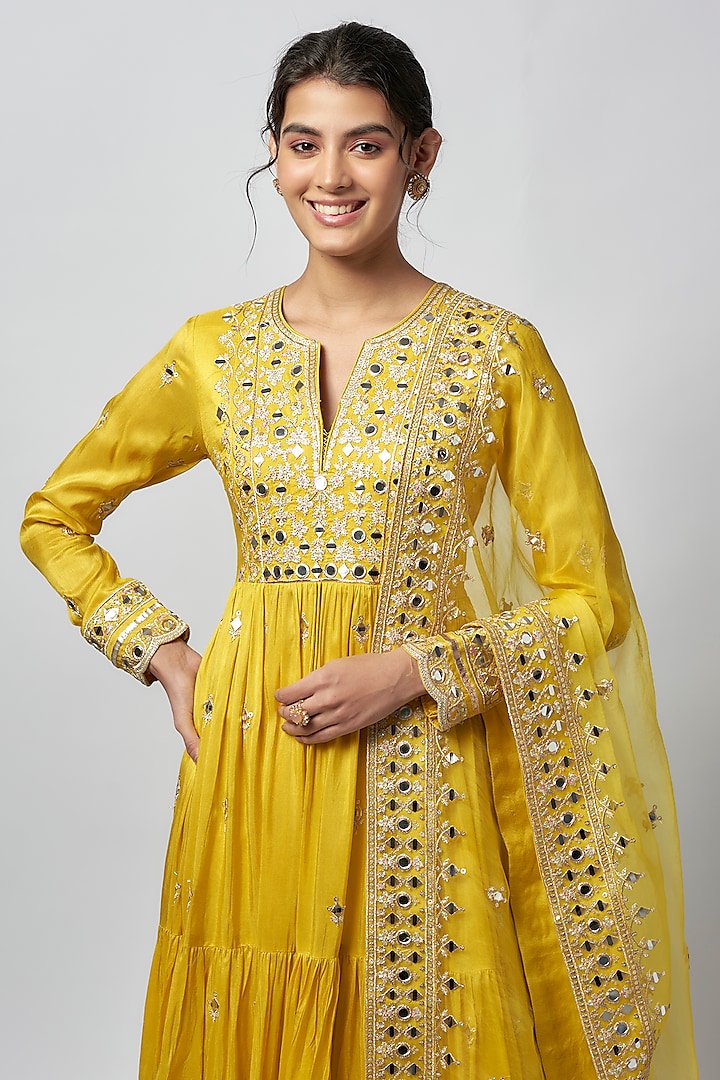 Yellow Tussar Mirror Work Wedding Anarkali Set by GOPI VAID at Pernia's Pop Up Shop