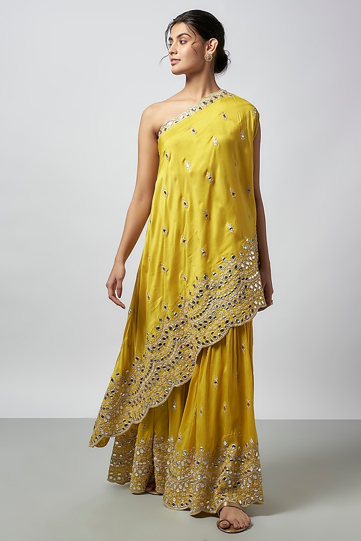 Yellow Tussar Embroidered Wedding Sharara Set by GOPI VAID at Pernia's Pop Up Shop