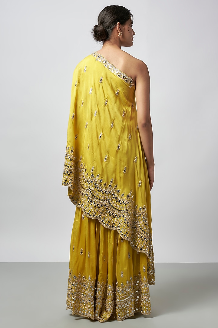 Yellow Tussar Embroidered Wedding Sharara Set by GOPI VAID at Pernia's Pop Up Shop