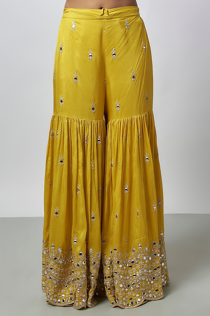 Yellow Tussar Embroidered Wedding Sharara Set by GOPI VAID at Pernia's Pop Up Shop