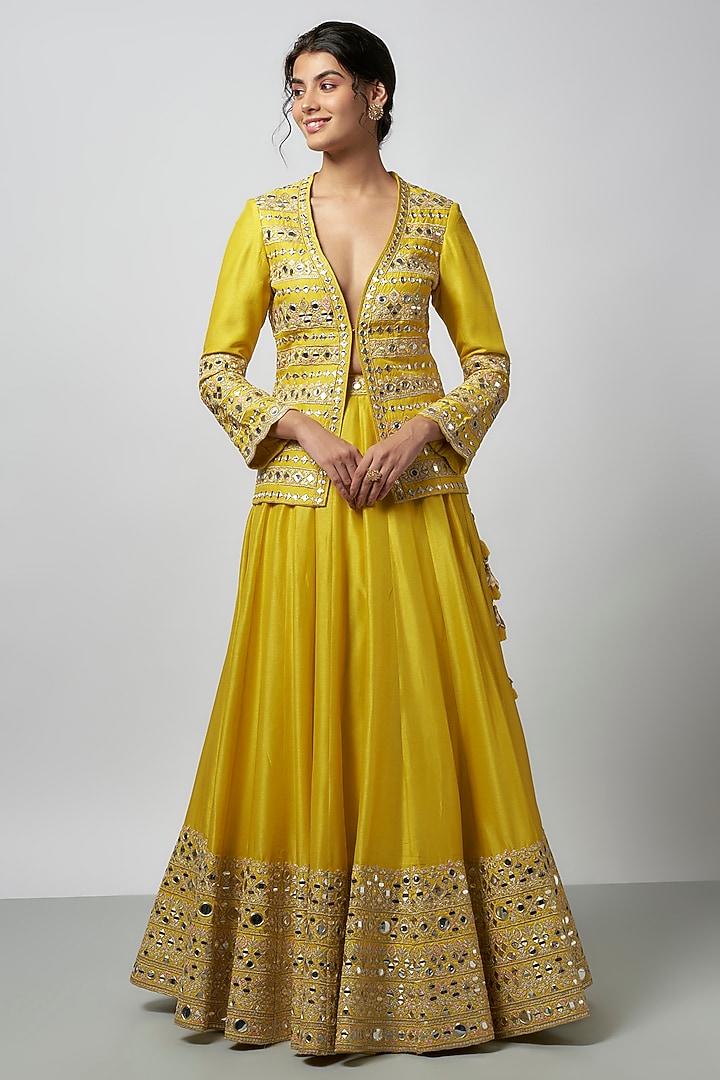 Yellow Tussar Embroidered Wedding Lehenga Set by GOPI VAID at Pernia's Pop Up Shop