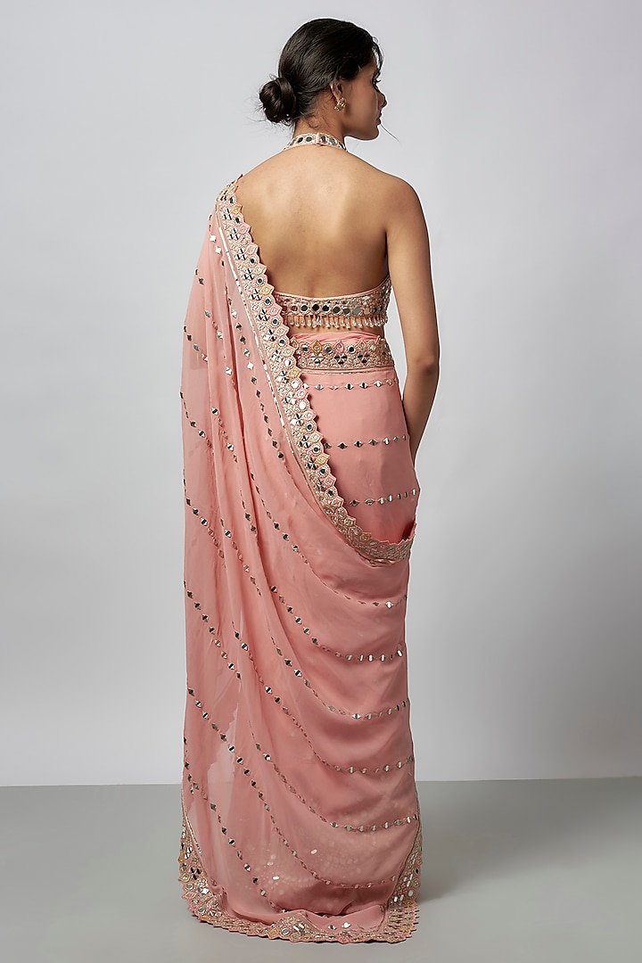Pink Georgette Mirror Embroidered Wedding Saree Set by GOPI VAID at Pernia's Pop Up Shop