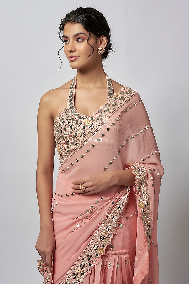 Pink Georgette Mirror Embroidered Wedding Saree Set by GOPI VAID at Pernia's Pop Up Shop