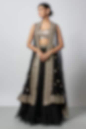 Black Organza Embroidered Jacket Wedding Lehenga Set by GOPI VAID at Pernia's Pop Up Shop