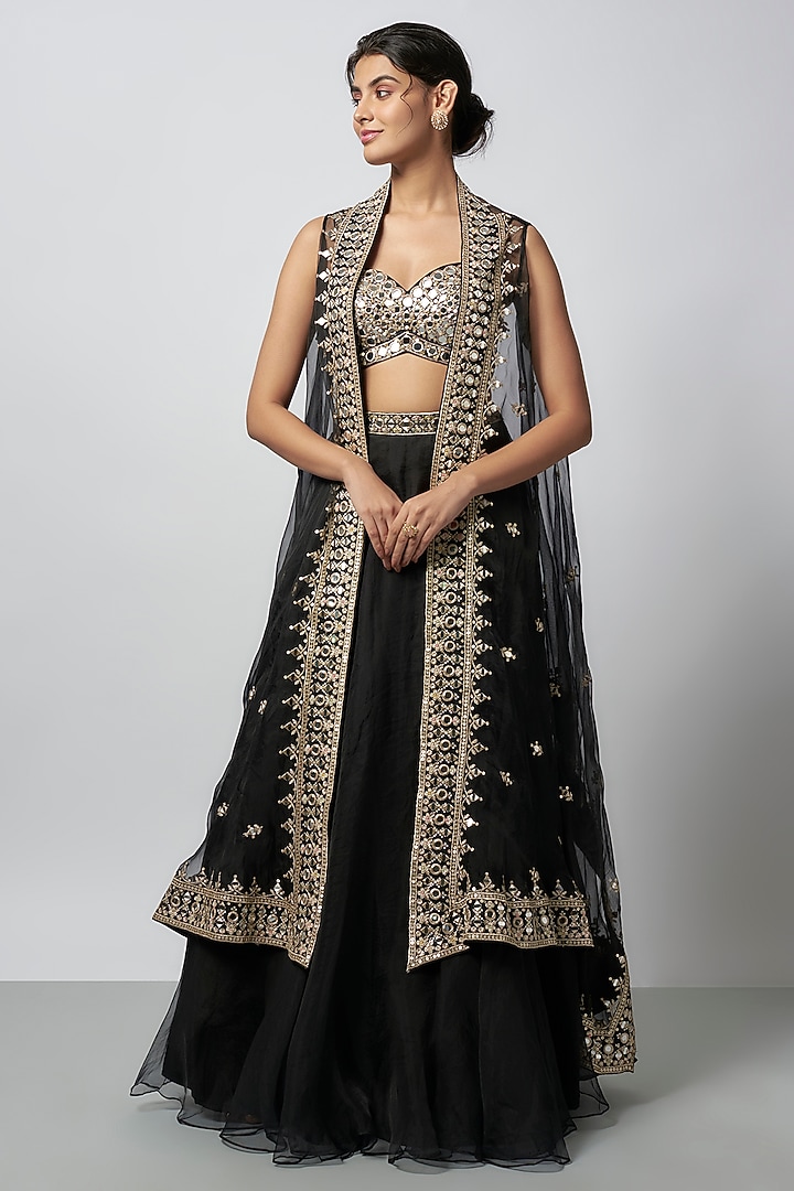 Black Organza Embroidered Jacket Wedding Lehenga Set by GOPI VAID at Pernia's Pop Up Shop