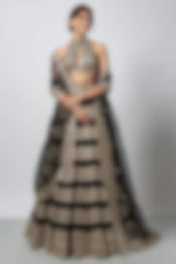 Black Tussar Mirror Work Wedding Lehenga Set by GOPI VAID at Pernia's Pop Up Shop