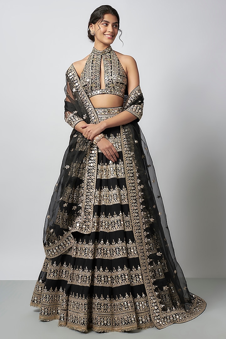 Black Tussar Mirror Work Wedding Lehenga Set by GOPI VAID at Pernia's Pop Up Shop