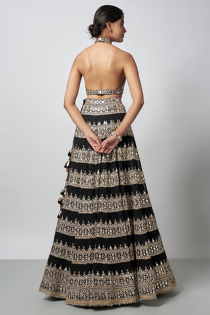 Black Tussar Mirror Work Wedding Lehenga Set by GOPI VAID at Pernia's Pop Up Shop