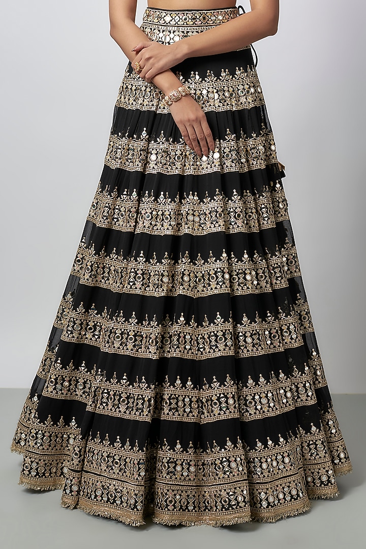 Black Tussar Mirror Work Wedding Lehenga Set by GOPI VAID at Pernia's Pop Up Shop
