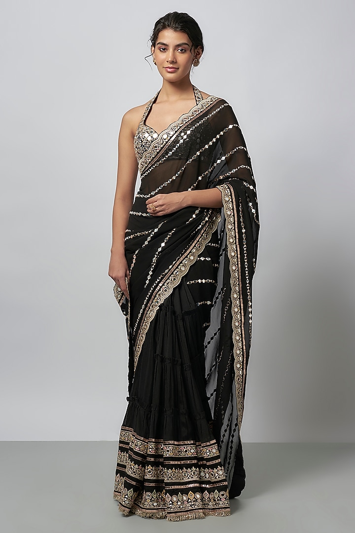 Black Georgette Sequins Embellished Wedding Saree Set by GOPI VAID at Pernia's Pop Up Shop