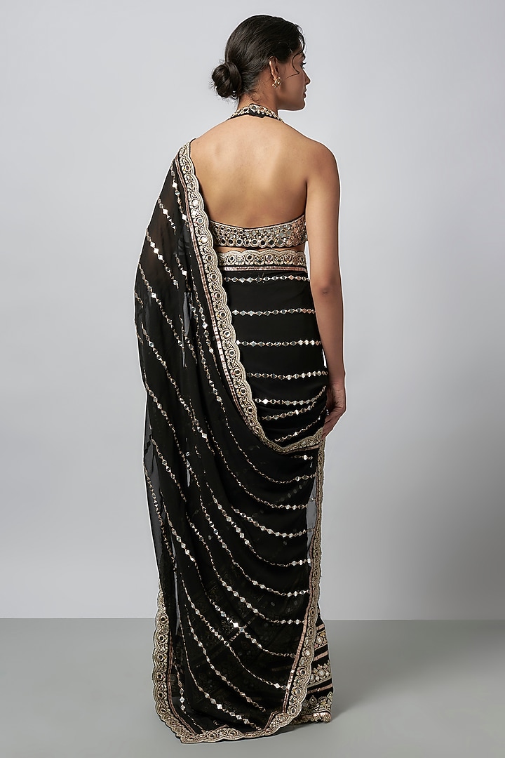 Black Georgette Sequins Embellished Wedding Saree Set by GOPI VAID at Pernia's Pop Up Shop