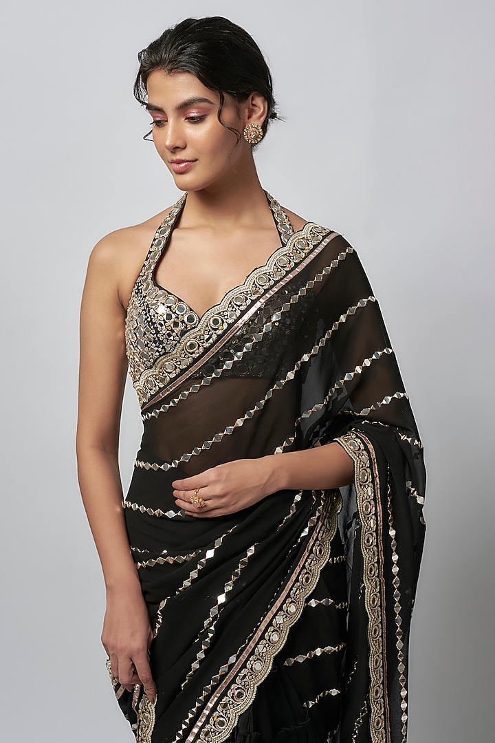 Black Georgette Sequins Embellished Wedding Saree Set by GOPI VAID at Pernia's Pop Up Shop