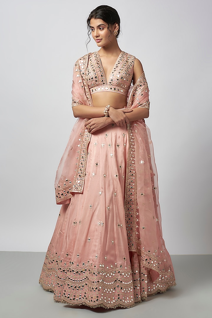 Pink Tussar Embroidered Wedding Lehenga Set by GOPI VAID at Pernia's Pop Up Shop