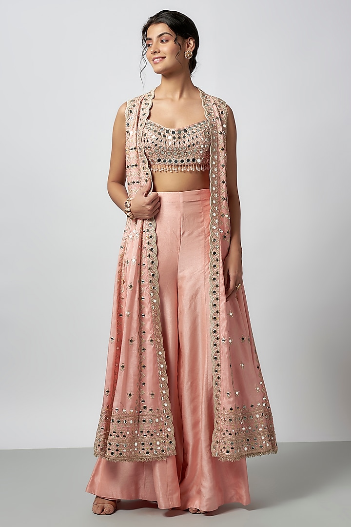 Pink Tussar Mirror Work Jacket Set by GOPI VAID at Pernia's Pop Up Shop