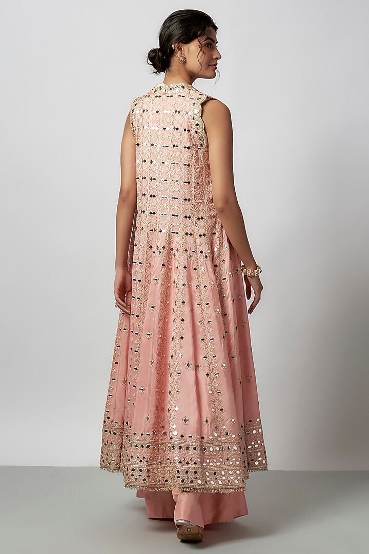 Pink Tussar Mirror Work Jacket Set by GOPI VAID at Pernia's Pop Up Shop