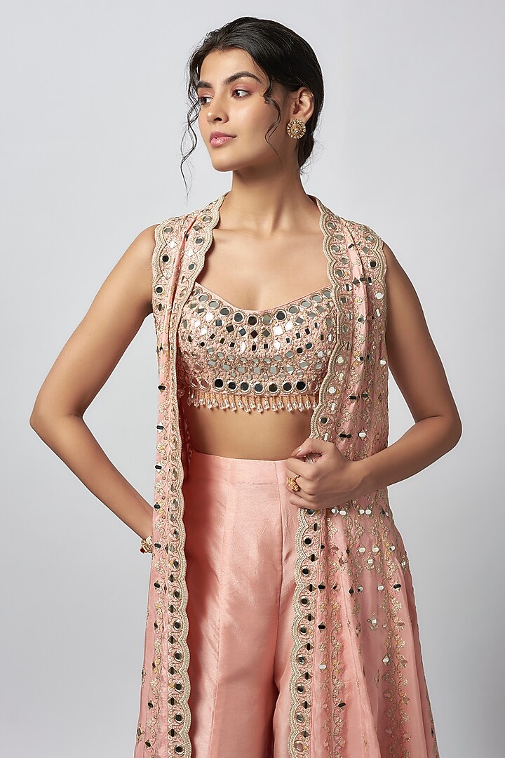 Pink Tussar Mirror Work Jacket Set by GOPI VAID at Pernia's Pop Up Shop