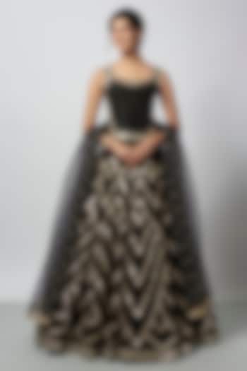 Black Organza Mirror Work Wedding Lehenga Set by GOPI VAID at Pernia's Pop Up Shop