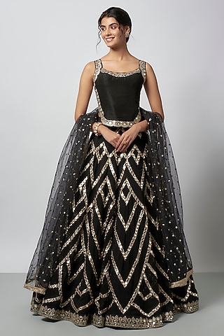 Black Organza Mirror Work Lehenga Set by GOPI VAID