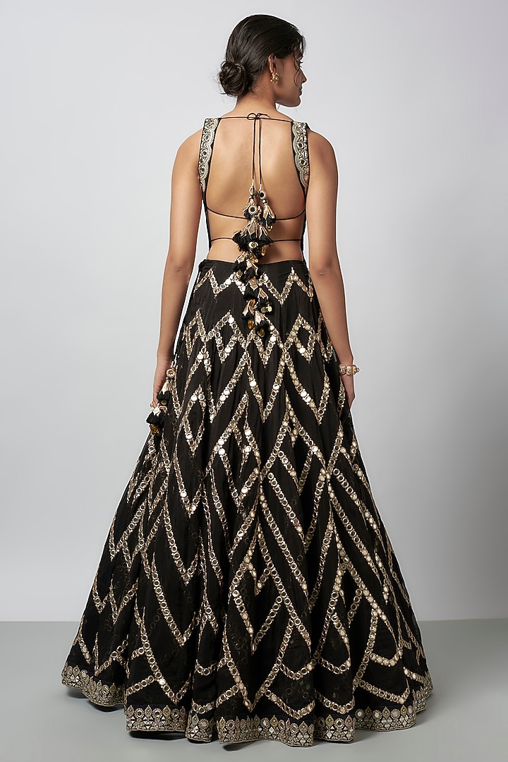 Black Organza Mirror Work Wedding Lehenga Set by GOPI VAID at Pernia's Pop Up Shop