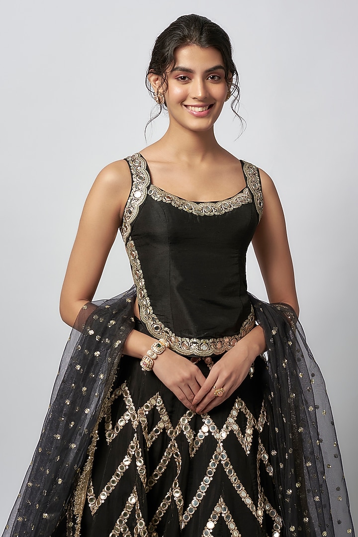 Black Organza Mirror Work Wedding Lehenga Set by GOPI VAID at Pernia's Pop Up Shop