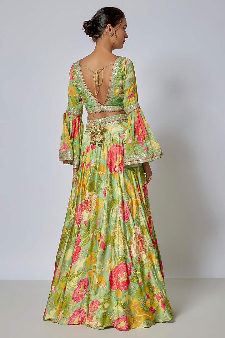 Green Satin Floral Printed Skirt Set by GOPI VAID at Pernia's Pop Up Shop
