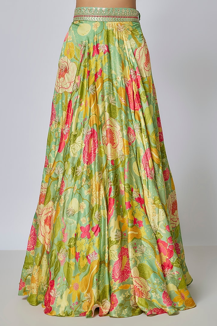Green Satin Floral Printed Skirt Set by GOPI VAID at Pernia's Pop Up Shop