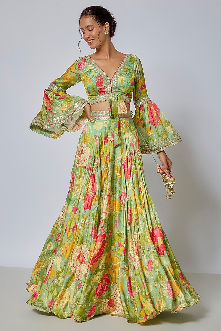 Green Satin Floral Printed Skirt Set by GOPI VAID at Pernia's Pop Up Shop