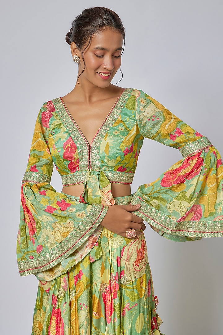Green Satin Floral Printed Skirt Set by GOPI VAID at Pernia's Pop Up Shop