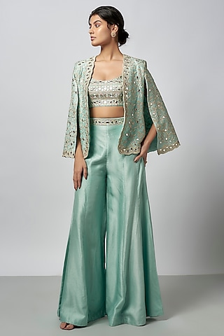 Blue Tussar Mirror Work Cape Jacket Set by GOPI VAID