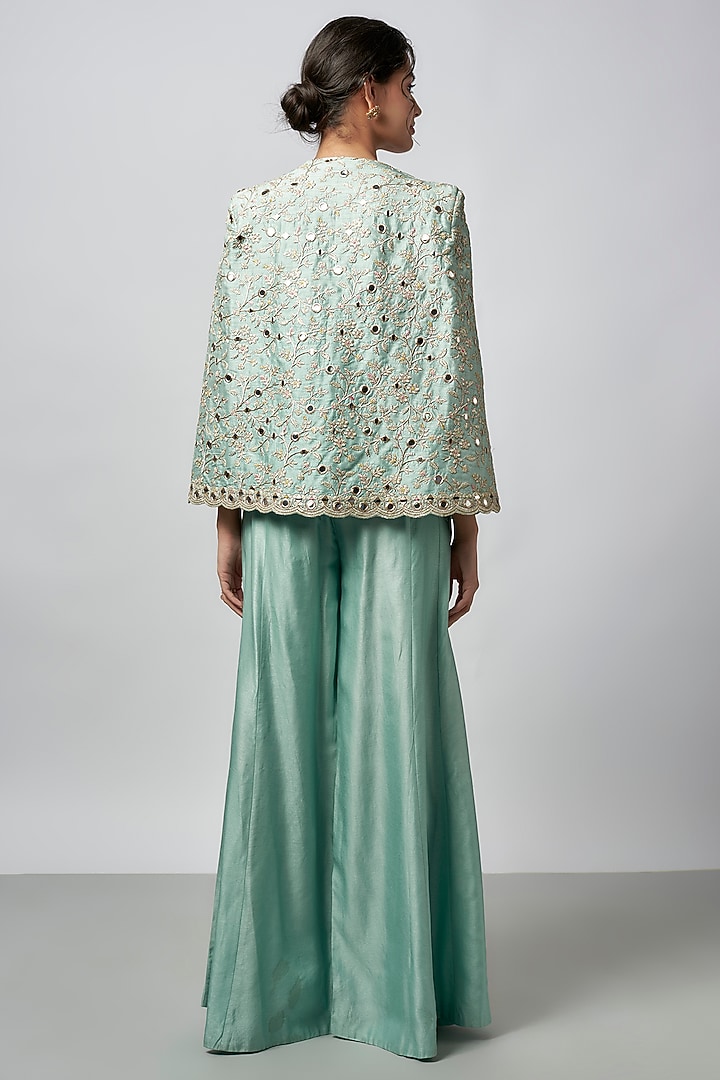 Blue Tussar Mirror Work Cape Jacket Set by GOPI VAID at Pernia's Pop Up Shop