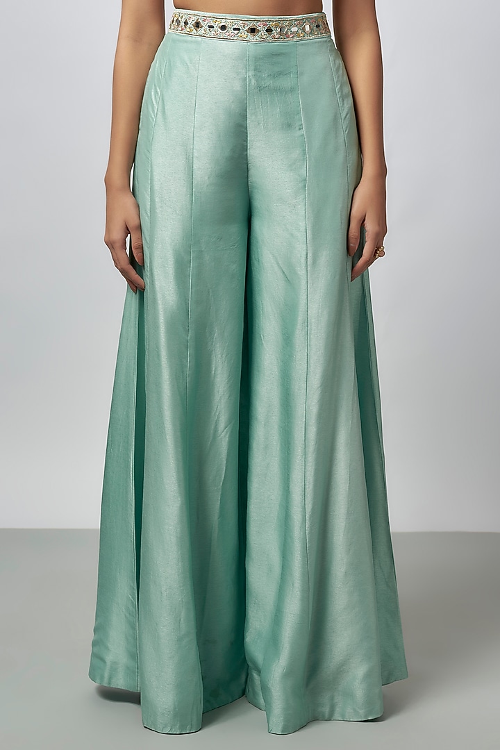 Blue Tussar Mirror Work Cape Jacket Set by GOPI VAID at Pernia's Pop Up Shop