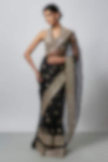 Black Organza Mirror Work Saree Set by GOPI VAID at Pernia's Pop Up Shop