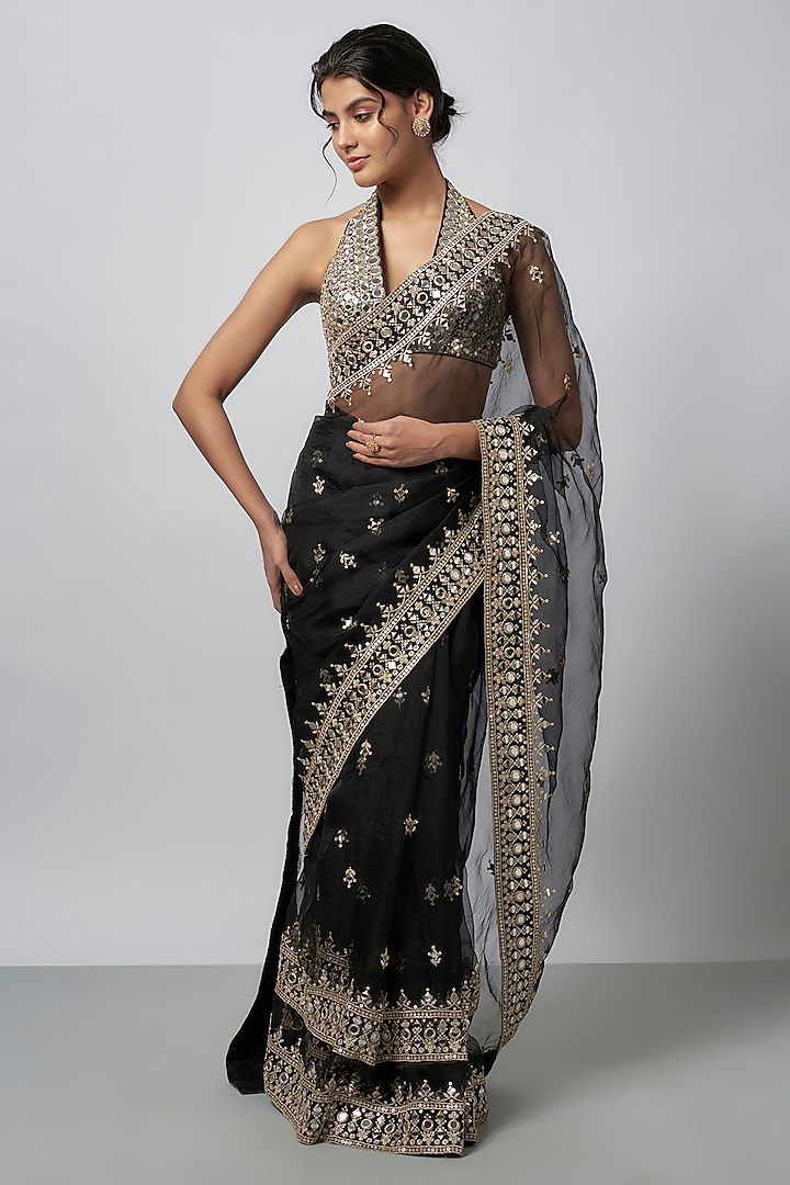 Black Organza Mirror Work Saree Set by GOPI VAID at Pernia's Pop Up Shop