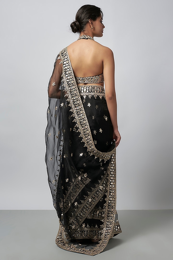 Black Organza Mirror Work Wedding Saree Set by GOPI VAID at Pernia's Pop Up Shop