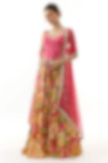 Pink Satin Floral Printed  dulhan bday 22 may Lehenga Set by Gopi Vaid at Pernia's Pop Up Shop