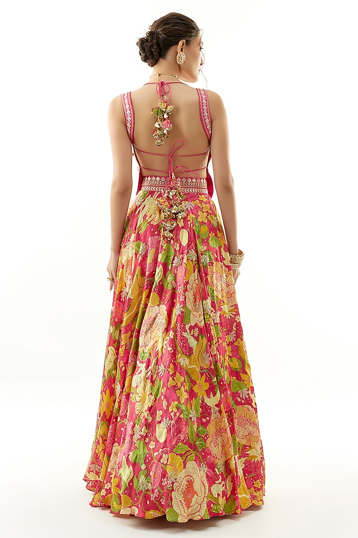 Pink Satin Floral Printed Wedding Lehenga Set by Gopi Vaid at Pernia's Pop Up Shop