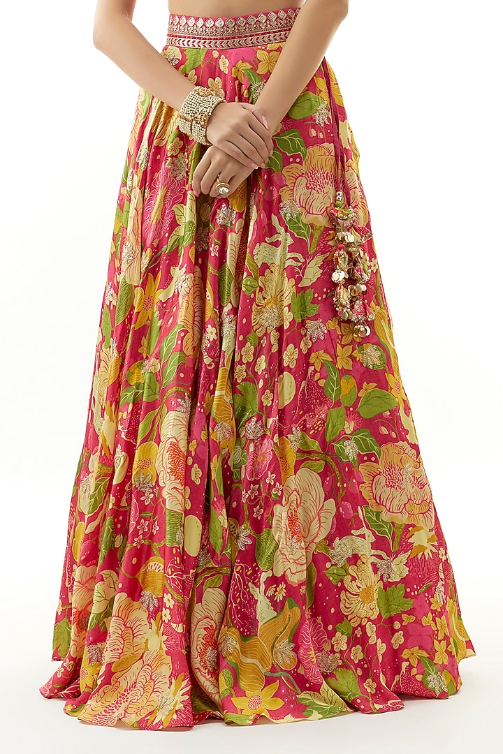 Pink Satin Floral Printed Wedding Lehenga Set by Gopi Vaid at Pernia's Pop Up Shop