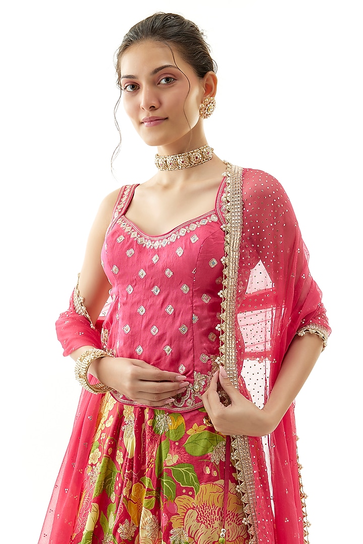 Pink Satin Floral Printed Wedding Lehenga Set by Gopi Vaid at Pernia's Pop Up Shop